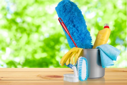 Cleaner wearing PPE and checking a safe work area before starting cleaning tasks.